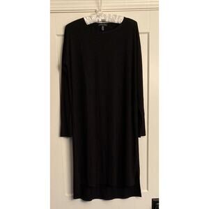 Eileen Fisher Black Jersey Knit Crew Neck Long Sleeve Step Hem Dress - XS